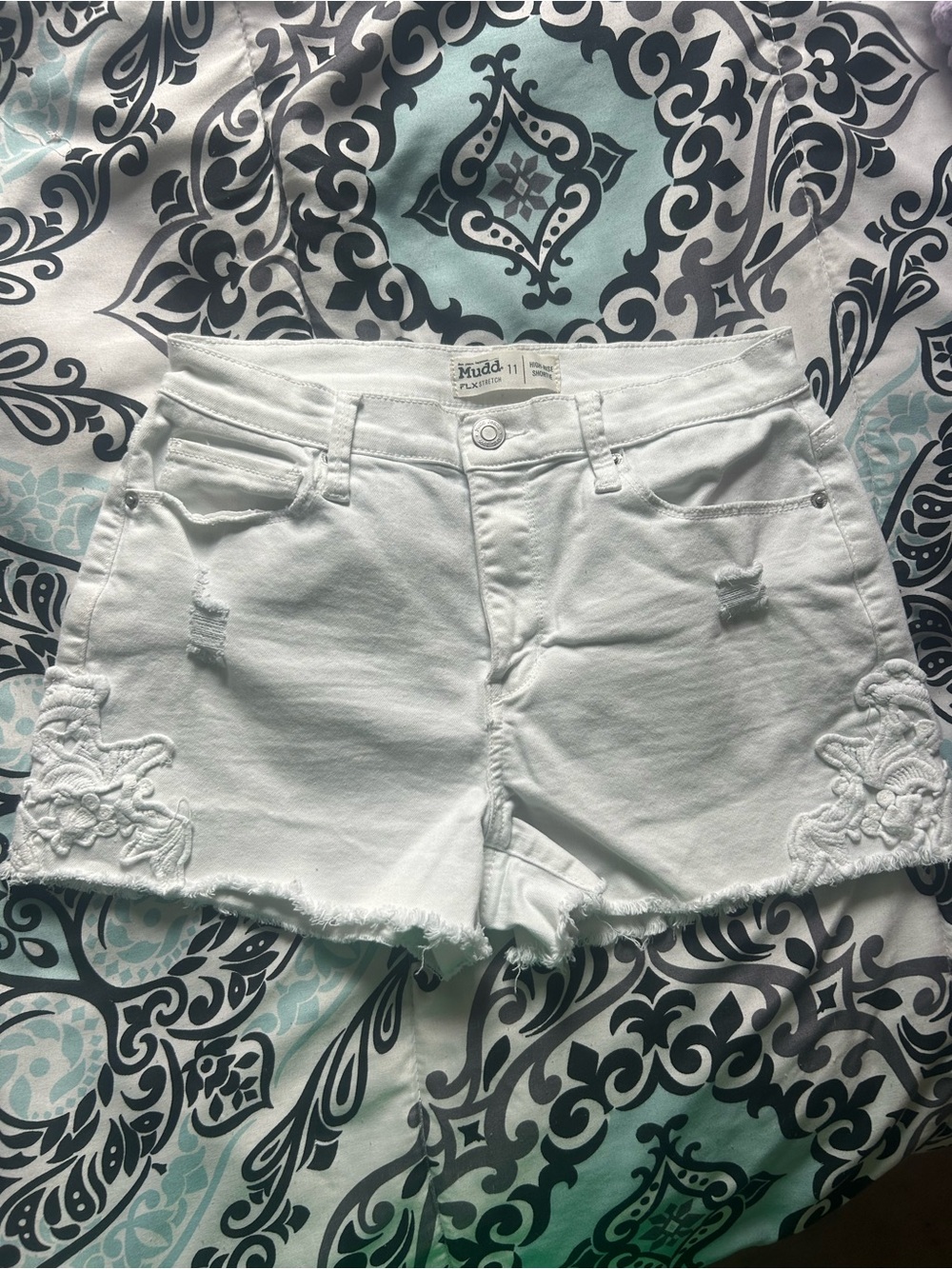 Mudd White Denim Embroidered Jean Shorts